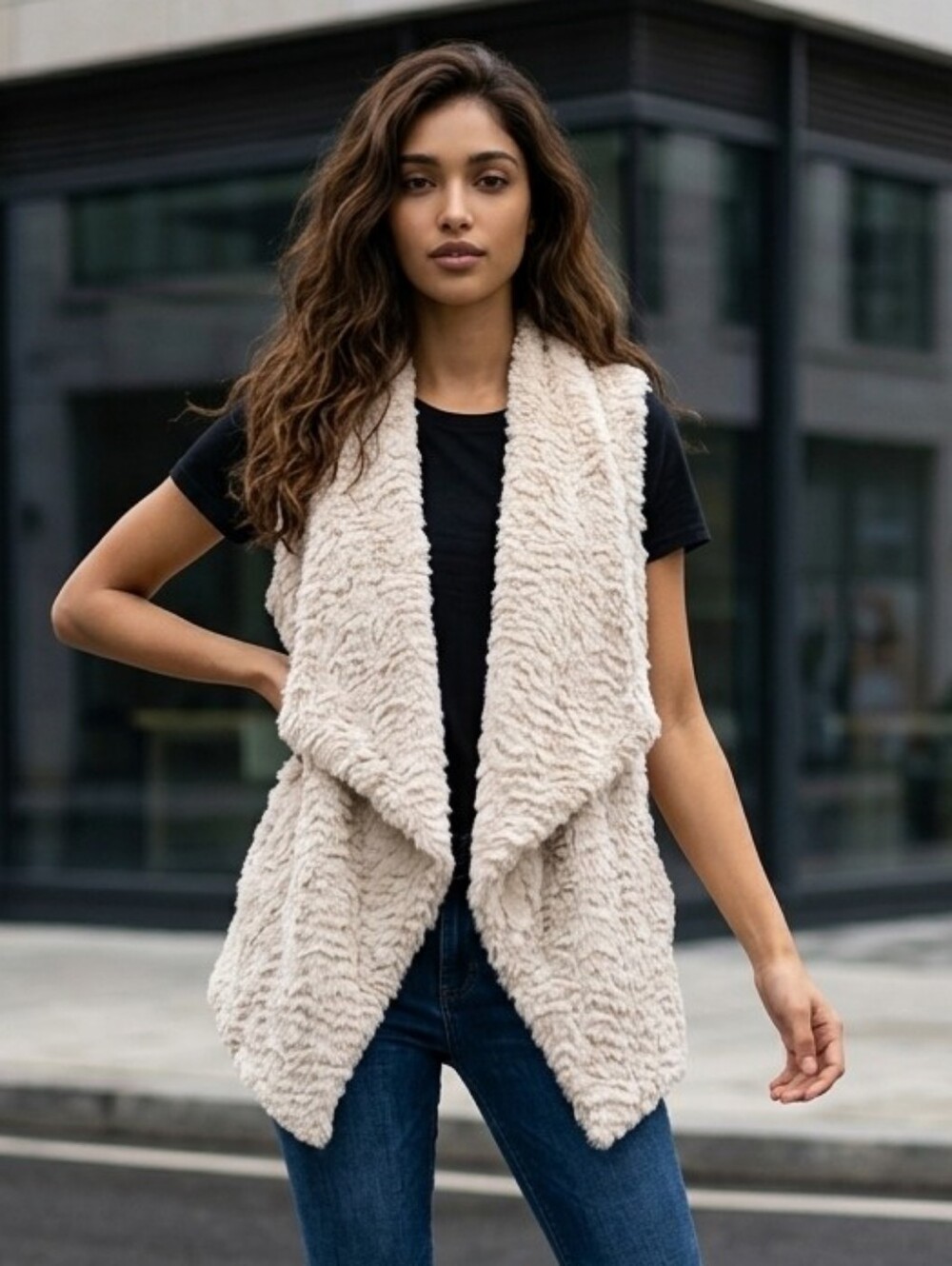 JOLT Faux Fur Waterfall Vest Cream Beige Plush Cozy Layering Boho Women's Large